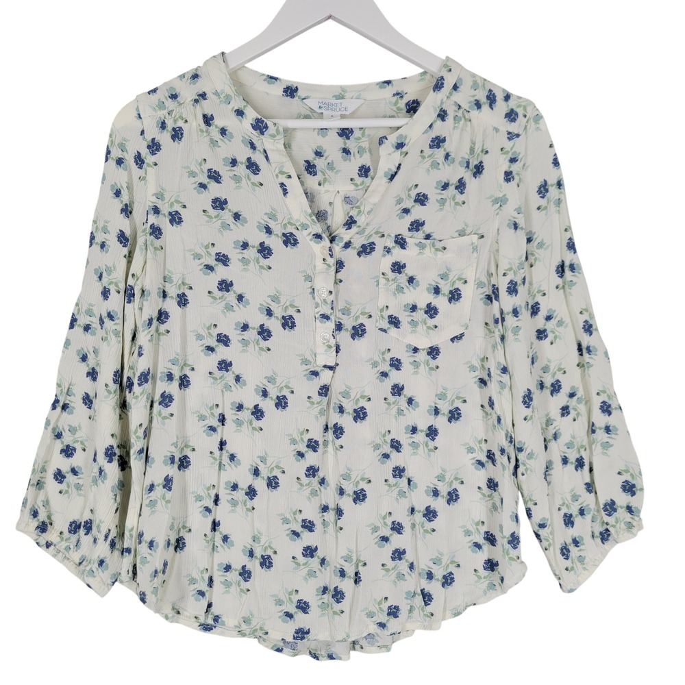 Market & Spruce Floral Blouse Women Size M Ivory Blue 3/4 Sleeve Rayon Crepe Top